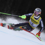 
              Norway's Lucas Braathen speeds down the course during the men's World Championship slalom, in Courchevel, France, Sunday Feb. 19, 2023. (AP Photo/MarcoTrovati)
            