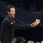 
              Atlanta Hawks head coach Quin Snyder gestures on at the sideline during the first half of an NBA basketball game against the Washington Wizards Tuesday, Feb. 28, 2023, in Atlanta. (AP Photo/John Bazemore)
            