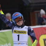 
              FILE - United States' Mikaela Shiffrin celebrates winning an alpine ski, women's World Cup giant slalom race, her 82nd win, matching Lindsey Vonn's women's World Cup skiing record, in Kranjska Gora, Slovenia, Sunday, Jan. 8, 2023. Shiffrin isn't putting the same pressure on herself for the upcoming world championships, starting on on Feb. 6, 2023 in Courchevel and Meribel, France, that she did for last year's Beijing Olympics. The event is Shiffrin's first major championship since American skier didn't win a medal and didn't finish three of her five races at the Olympics. (AP Photo/Marco Trovati, File)
            