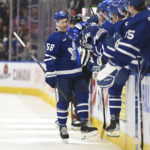 
              Toronto Maple Leafs left winger Michael Bunting (58) celebrates his goal against the Columbus Blue Jackets during the first period of an NHL hockey game Saturday, Feb. 11, 2023, in Toronto. (Jon Blacker/The Canadian Press via AP)
            