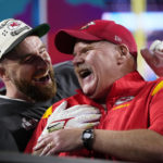 
              Kansas City Chiefs head coach Andy Reid, right, and Travis Kelce (87) celebrate their win after the NFL Super Bowl 57 football game, Sunday, Feb. 12, 2023, in Glendale, Ariz. The Chiefs defeated the Philadelphia Eagles 38-35. (AP Photo/Matt Slocum)
            