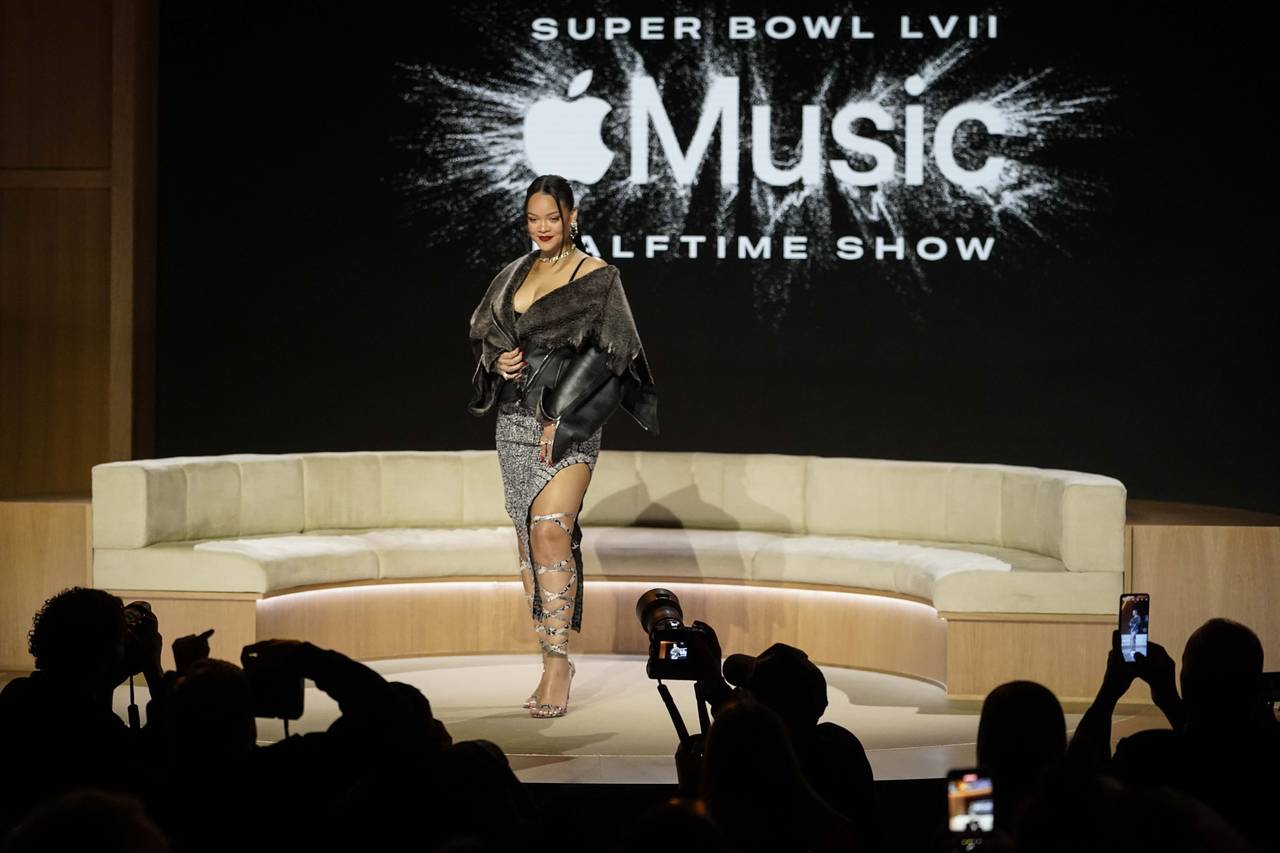 Rihanna poses for a photo after a halftime show news conference ahead of the Super Bowl 57 NFL foot...