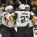 
              Vegas Golden Knights right wing Phil Kessel, left, celebrates with teammates after scoring a goal against the Nashville Predators during the first period of an NHL hockey game Tuesday, Feb. 7, 2023, in Nashville, Tenn. (AP Photo/Mark Zaleski)
            