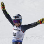 
              Norway's Ragnhild Mowinckel celebrates at the finish area of an alpine ski World Championships giant slalom, in Meribel, France, Thursday, Feb. 16, 2023. (AP Photo/Alessandro Trovati)
            