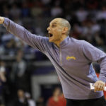 
              East Carolina head coach Michael Schwartz shouts toward the court during the first half of an NCAA college basketball game against Houston in Greenville, N.C., Saturday, Feb. 25, 2023. (AP Photo/Ben McKeown)
            