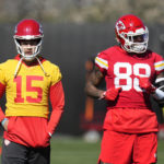 
              Kansas City Chiefs quarterback Patrick Mahomes (15) pauses on the field with tight end Jody Fortson (88) during an NFL football practice in Tempe, Ariz., Thursday, Feb. 9, 2023. The Chiefs will play against the Philadelphia Eagles in Super Bowl 57 on Sunday. (AP Photo/Ross D. Franklin)
            