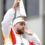 
              Travis Kelce takes part in the Kansas City Chiefs' victory celebration and parade in Kansas City, Mo., Wednesday, Feb. 15, 2023, following the Chiefs' win over the Philadelphia Eagles Sunday in the NFL Super Bowl 57 football game. (AP Photo/Colin E. Braley)
            