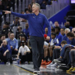 
              Golden State Warriors head coach Steve Kerr gestures to his players against the Los Angeles Lakers during the first half of an NBA basketball game in San Francisco, Saturday, Feb. 11, 2023. (AP Photo/Jed Jacobsohn)
            