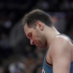 
              Detroit Pistons' Bojan Bogdanovic reacts during his team's loss to the Toronto Raptors in NBA basketball game action in Toronto, Sunday, Feb. 12, 2023. (Chris Young/The Canadian Press via AP)
            