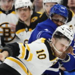 
              Toronto Maple Leafs' Wayne Simmonds (24) and Boston Bruins' A.J. Greer (10) fight during the third period of an NHL hockey game, Wednesday, Feb.1, 2023 in Toronto. (Frank Gunn/The Canadian Press via AP)
            