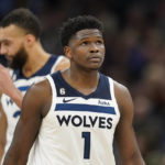 
              Minnesota Timberwolves guard Anthony Edwards (1) waits for play to resume during the second half of an NBA basketball game against the Washington Wizards, Thursday, Feb. 16, 2023, in Minneapolis. (AP Photo/Abbie Parr)
            