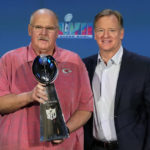 
              Kansas City Chiefs head coach Andy Reid, left, holds up the Vince Lombardi Trophy as he stands next to NFL Commissioner Roger Goodell during an NFL Super Bowl football news conference in Phoenix, Monday, Feb. 13, 2023. The Chiefs defeated the Philadelphia Eagles 38-35 in Super Bowl LVII. (AP Photo/Ross D. Franklin)
            