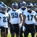 
              The Philadelphia Eagles work out during an NFL football Super Bowl team practice, Thursday, Feb. 9, 2023, in Tempe, Ariz. The Eagles will face the Kansas City Chiefs in Super Bowl 57 Sunday. (AP Photo/Matt York)
            