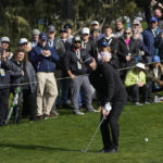 
              Aaron Rodgers follows his shot onto the 16th green of the Pebble Beach Golf Links during the third round of the AT&T Pebble Beach Pro-Am golf tournament in Pebble Beach, Calif., Sunday, Feb. 5, 2023. (AP Photo/Godofredo A. Vásquez)
            
