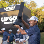 
              The individual champion, Charles Howell III of Crushers GC, poses with the trophy after winning the LIV Golf Mayakoba at El Camaleón Golf Course, Sunday, Feb. 26, 2023, in Playa del Carmen, Mexico. (Photo by Montana Pritchard/LIV Golf via AP)
            