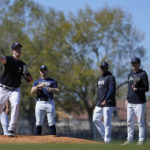 
              New York Yankees pitcher Gerrit Cole throws to first during a spring training baseball workout Saturday, Feb. 18, 2023, in Tampa, Fla. (AP Photo/David J. Phillip)
            