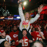 
              Kansas City Chiefs fans celebrate their team's win as they watch the end of the NFL Super Bowl 57 football game against the Philadelphia Eagles at a party in the Power and Light entertainment district in Kansas City, Mo., Sunday, Feb. 12, 2023. (AP Photo/Colin E. Braley)
            