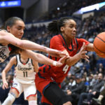
              UConn's Nika Muhl (10) and St. John's Jayla Everett (4) reach for a loose ball in the first half of an NCAA college basketball game, Tuesday, Feb. 21, 2023, in Hartford, Conn. (AP Photo/Jessica Hill)
            