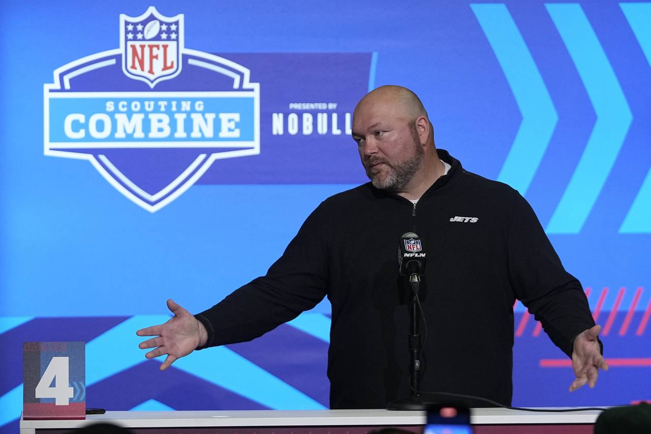 New York Jets general manager Joe Douglas speaks during a news conference at the NFL football scout...