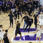 
              Northwestern guard Boo Buie (0) celebrates after Northwestern defeated Purdue in an NCAA college basketball game in Evanston, Ill., Sunday, Feb. 12, 2023. (AP Photo/Nam Y. Huh)
            