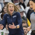 
              Villanova head coach Denise Dillon shouts at a referee during the first half of an NCAA college basketball game against UConn , Saturday, Feb. 18, 2023, in Villanova, Pa. (AP Photo/Laurence Kesterson)
            