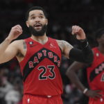 
              Toronto Raptors' Fred VanVleet reacts during his team's win over the Detroit Pistons during first-half NBA basketball game action in Toronto, Sunday, Feb. 12, 2023. (Chris Young/The Canadian Press via AP)
            