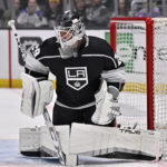 
              Los Angeles Kings goaltender Pheonix Copley blocks a shot during the first period of an NHL hockey game against the Buffalo Sabres in Los Angeles, Monday, Feb. 13, 2023. (AP Photo/Alex Gallardo)
            