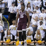 
              Texas A&M's Henry Coleman III celebrates a basket against Missouri during the second half of an NCAA college basketball game Saturday, Feb. 18, 2023, in Columbia, Mo. (AP Photo/L.G. Patterson)
            