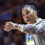 
              South Carolina head coach Dawn Staley yells to her players during the second half of an NCAA college basketball game against Tennessee, Thursday, Feb. 23, 2023, in Knoxville, Tenn. (AP Photo/Wade Payne)
            