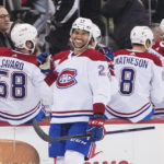 
              Montreal Canadiens' Johnathan Kovacevic celebrates with teammates after scoring a goal during the second period of an NHL hockey game against the New Jersey Devils Tuesday, Feb. 21, 2023, in Newark, N.J. (AP Photo/Frank Franklin II)
            