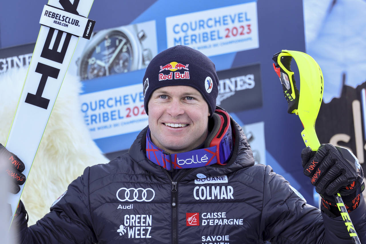 France's Alexis Pinturault smiles after completing the slalom portion of an alpine ski, men's World...