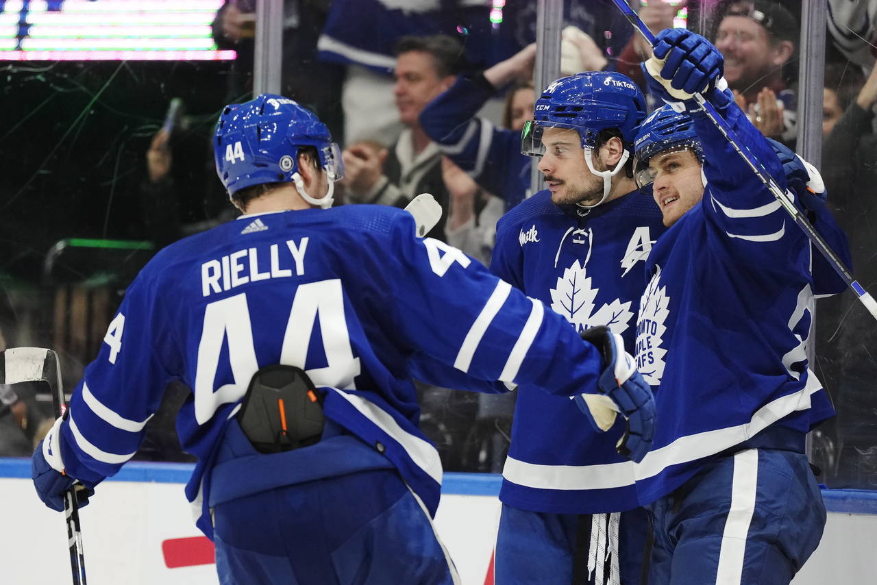 Toronto Maple Leafs' William Nylander (88) celebrates after his overtime goal against the Minnesota...