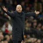 
              Manchester United's head coach Erik ten Hag gestures as he stands on the touchline during the English League Cup semifinal second leg soccer match between Manchester United and Nottingham Forest at Old Trafford in Manchester, England, Wednesday, Feb. 1, 2023. (AP Photo/Dave Thompson)
            