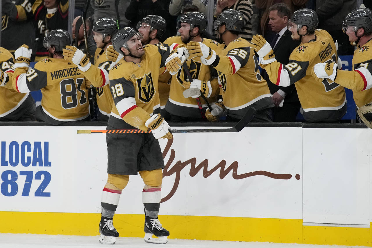 Vegas Golden Knights left wing William Carrier (28) celebrates after scoring against the San Jose S...