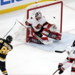 
              Boston Bruins' David Pastrnak (88) scores on Ottawa Senators goaltender Kevin Mandolese (70) during the second period of an NHL hockey game, Monday, Feb. 20, 2023, in Boston. (AP Photo/Michael Dwyer)
            