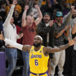 
              Los Angeles Lakers forward LeBron James celebrates after scoring to pass Kareem Abdul-Jabbar to become the NBA's all-time leading scorer during the second half of an NBA basketball game against the Oklahoma City Thunder Tuesday, Feb. 7, 2023, in Los Angeles. (AP Photo/Mark J. Terrill)
            
