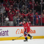 
              Washington Capitals right wing T.J. Oshie reacts after scoring a goal against the New York Rangers during the second period of an NHL hockey game, Saturday, Feb. 25, 2023, in Washington. (AP Photo/Julio Cortez)
            
