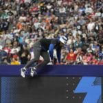 
              NFC defensive end Brian Burns (53) of the Carolina Panthers competes in the gridiron gauntlet event at the NFL Pro Bowl, Sunday, Feb. 5, 2023, in Las Vegas. (AP Photo/John Locher)
            