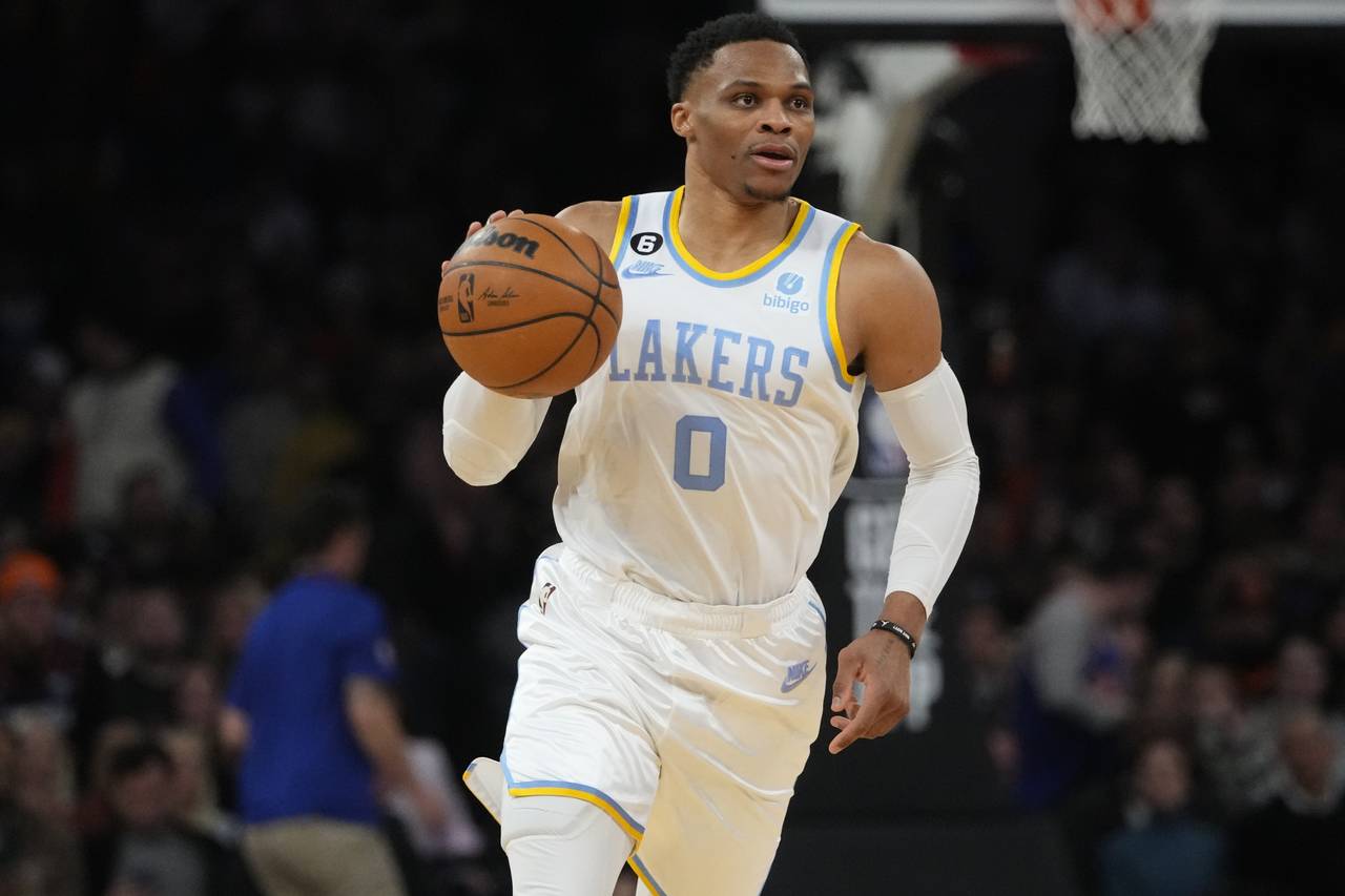 FILE - Los Angeles Lakers' Russell Westbrook brings the ball up during the second half of the team'...