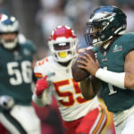 
              Philadelphia Eagles quarterback Jalen Hurts (1) looks to pass against the Kansas City Chiefs during the first half of the NFL Super Bowl 57 football game between the Kansas City Chiefs and the Philadelphia Eagles, Sunday, Feb. 12, 2023, in Glendale, Ariz. (AP Photo/Ashley Landis)
            