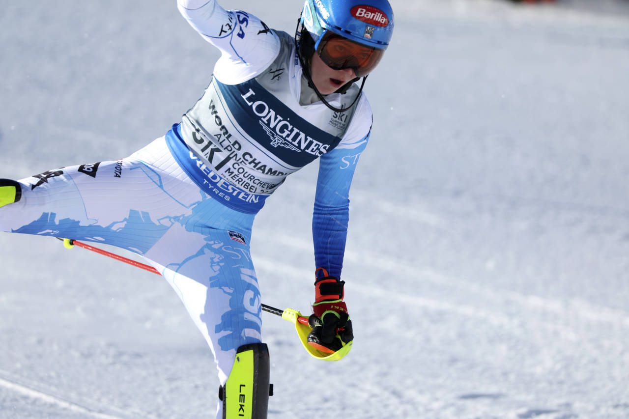 United States' Mikaela Shiffrin fails to complete the slalom portion of an alpine ski, women's Worl...