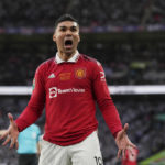 
              Manchester United's Casemiro reacts during the English League Cup final soccer match between Manchester United and Newcastle United at Wembley Stadium in London, Sunday, Feb. 26, 2023. (AP Photo/Alastair Grant)
            