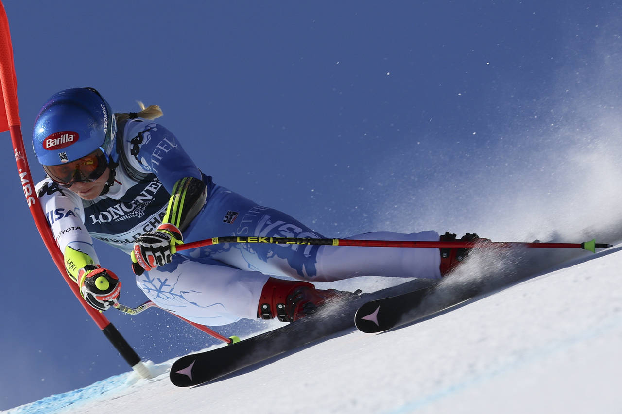 United States' Mikaela Shiffrin speeds down the course during the super G portion of an alpine ski,...