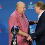 
              Kansas City Chiefs head coach Andy Reid, left, is congratulated by NFL Commissioner Roger Goodell during an NFL Super Bowl football news conference in Phoenix, Monday, Feb. 13, 2023. The Chiefs defeated the Philadelphia Eagles 38-35 in Super Bowl LVII. (AP Photo/Ross D. Franklin)
            