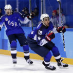 
              FILE -  Jordan Greenway (18), of the United States, celebrates with teammate Bobby Sanguinetti (22) after scoring a goal during the second period of the preliminary round of the men's hockey game against Slovenia at the 2018 Winter Olympics in Gangneung, South Korea, Wednesday, Feb. 14, 2018. The 2018 Olympics without NHL talent offered a glimpse of things to come for players who hadn't yet reached the best hockey league in the world. (AP Photo/Frank Franklin II, File)
            
