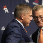 
              Denver Broncos new head coach Sean Payton, front, is introduced by the team's chief executive officer Greg Penner, during a news conference at the team's headquarters on Monday, Feb. 6, 2023, in Centennial, Colo. (AP Photo/David Zalubowski)
            