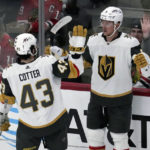 
              Vegas Golden Knights center Jack Eichel, right, celebrates with center Paul Cotter after scoring a goal during the second period of an NHL hockey game against the Chicago Blackhawks in Chicago, Tuesday, Feb. 21, 2023. (AP Photo/Nam Y. Huh)
            