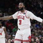 
              Chicago Bulls center Andre Drummond reacts after a call during the first half of an NBA basketball game against the Washington Wizards in Chicago, Sunday, Feb. 26, 2023. (AP Photo/Nam Y. Huh)
            