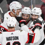 
              Ottawa Senators' Derick Brassard (61) celebrates with teammates after scoring against the Montreal Canadiens during the first period of an NHL hockey game Saturday, Feb. 25, 2023, in Montreal. (Graham Hughes/The Canadian Press via AP)
            