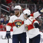 
              Florida Panthers defenseman Marc Staal, left, celebrates his goal against the Washington Capitals with defenseman Brandon Montour during the second period of an NHL hockey game Thursday, Feb. 16, 2023, in Washington. (AP Photo/Nick Wass)
            